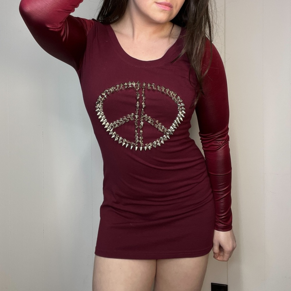 Retro Studded Peace Sign Mini Dress Burgundy Stretch Y2K Style